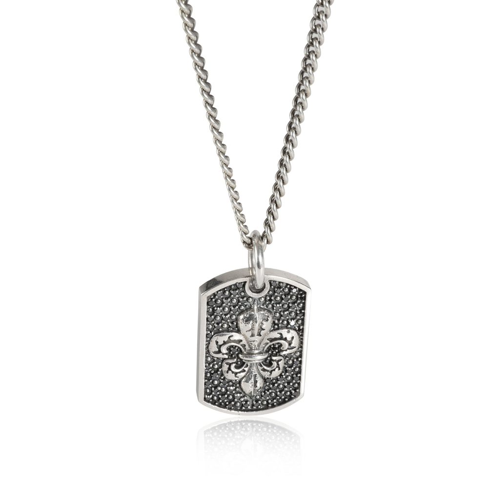 King Baby Black Diamond Small Fleur-de-Lis Relic Dog Tag Pendant in Silver